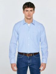 Koszula męska w prążek błękitna Cosiser 401. Niebieskie koszule męskie Big Star, l, bez wzorów, z bawełny, bez kołnierzyka, bez ramiączek. Za 199.99 zł.