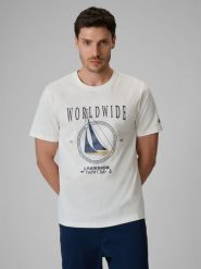 4F T-shirt regular z nadrukiem męski - biały XXL. Białe t-shirty męskie 4f, m, bez wzorów, z bawełny, bez kołnierzyka. Za 69.99 zł.