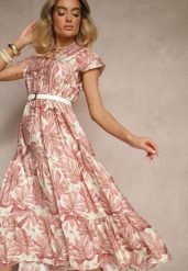 Ciemnoróżowa Rozkloszowana Sukienka z Wiskozą Zdobiona Roślinnym Printem Galmoi. Czerwone sukienki damskie Renee, na imprezę, na lato, l, z aplikacjami, z wiskozy, eleganckie, bez kołnierzyka, bez ramiączek, midi, rozkloszowane. Za 99.99 zł.