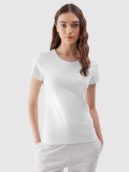 4F T-shirt slim z nadrukiem damski - biały M. Białe t-shirty damskie 4f, m, bez wzorów, z bawełny, bez kołnierzyka. W wyprzedaży za 39.99 zł.