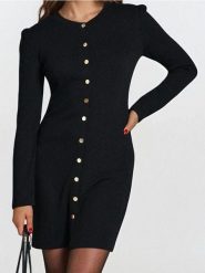 Dzianinowa sukienka mini w prążek z ozdobnymi guzikami - czarny. Czarne sukienki damskie Sinsay, l, bez wzorów, z dzianiny, bez kołnierzyka, bez ramiączek, mini. Za 49.99 zł.