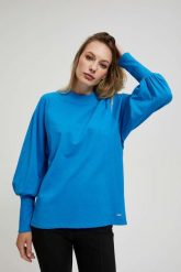 Bluza z bufiastymi rękawami lazurowa. Niebieskie bluzy bez kaptura damskie MOODO, m, z bawełny. W wyprzedaży za 44.99 zł.