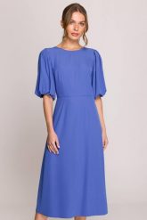 Elegancka sukienka koktajlowa z bufiastymi rękawami niebieska. Niebieskie sukienki damskie Stylove, na imprezę, m, bez wzorów, z elastanu, eleganckie, bez kołnierzyka, bez ramiączek, midi, dopasowane. Za 439.00 zł.