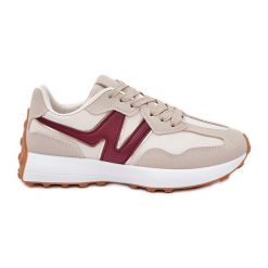 Buty Sportowe Sneakersy Damskie Beżowo-Bordowe beżowy. Brązowe buty sportowe na co dzień damskie bez wzorów, ze skóry. Za 146.62 zł.