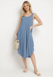Niebieska Rozkloszowana Sukienka z Bawełny w Abstrakcyjny Wzór Ronive. Niebieskie sukienki damskie Born2be, na co dzień, l, bez wzorów, z bawełny, eleganckie, bez kołnierzyka, bez ramiączek, midi, rozkloszowane. W wyprzedaży za 43.99 zł.