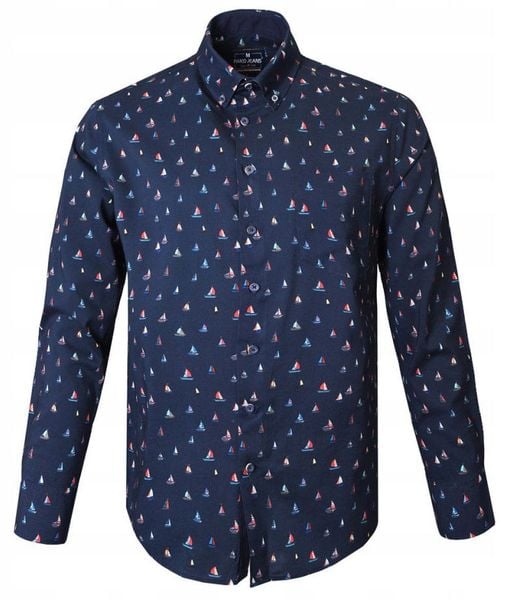 Granatowa Koszula o Prostym Kroju w Żaglówki - Pako Jeans. Niebieskie koszule męskie Pako Jeans, l, bez wzorów, z bawełny, bez kołnierzyka, bez ramiączek. Za 199.00 zł.