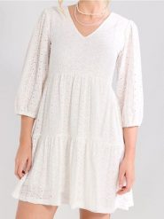 Ażurowa sukienka mini - biały. Białe sukienki damskie Sinsay, l, w ażurowe wzory, boho, bez kołnierzyka, bez ramiączek, mini. Za 59.99 zł.