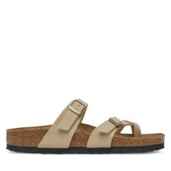 Japonki Birkenstock. Brązowe klapki damskie Birkenstock, bez wzorów, bez obcasa. Za 399.99 zł.