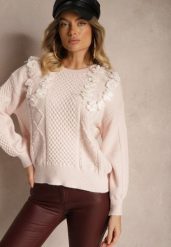 Różowy Klasyczny Sweter z Ozdobnymi Kwiatowymi Aplikacjami i Perełkami Leanwenna. Czerwone swetry klasyczne damskie Renee, z jeansu, bez kołnierzyka. Za 134.99 zł.