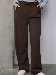 Spodnie wide leg z paskiem - brązowy. Brązowe spodnie materiałowe damskie Sinsay, bez wzorów. Za 59.99 zł.