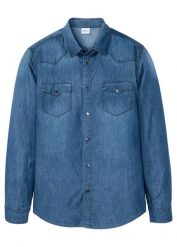 Koszula jeansowa z czystej bawełny organicznej, slim fit. Niebieskie koszule męskie bonprix, m, bez wzorów, z bawełny, bez kołnierzyka, bez ramiączek. Za 109.99 zł.