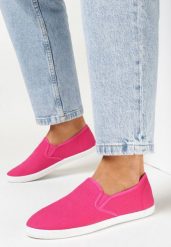 Fuksjowe Wsuwane Tenisówki Materiałowe Kalaiya. Czerwone trampki i tenisówki damskie Born2be, bez wzorów, z jeansu. Za 34.99 zł.