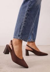 Brązowe Czółenka Slingback o Fakturze Zamszu na Słupkowym Obcasie Facena. Brązowe czółenka damskie Renee, bez wzorów, z satyny, ze szpiczastym noskiem, bez obcasa, na obcasie. Za 119.99 zł.