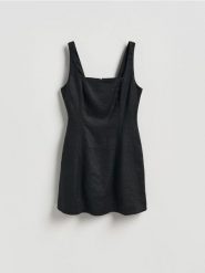 Lniana sukienka mini - czarny. Czarne sukienki damskie Reserved, l, bez wzorów, bez kołnierzyka, bez ramiączek, mini, rozkloszowane. Za 239.99 zł.