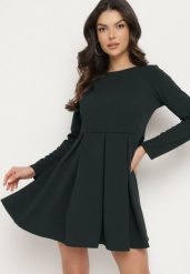 Ciemnozielona Elegancka Sukienka o Rozkloszowanym Kroju Temitonia. Zielone sukienki damskie Born2be, m, bez wzorów, eleganckie, bez kołnierzyka, bez ramiączek, mini, rozkloszowane. W wyprzedaży za 111.99 zł.