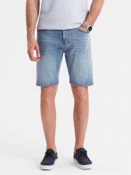 Denimowe męskie szorty o klasycznym kroju – jasnoniebieskie V2 OM-SRDS-0171 - XXL. Niebieskie szorty męskie Ombre Clothing, z bawełny, bez kołnierzyka. W wyprzedaży za 89.99 zł.