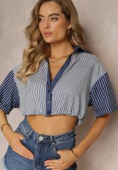 Granatowa Bluzka Krótka w Stylu Retro na Guziki Ozdobiona Paskami Fito. Niebieskie bluzki damskie Renee, bez wzorów, retro, bez kołnierzyka, bez ramiączek. Za 39.99 zł.