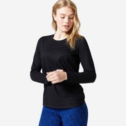Koszulka z długim rękawem damska Domyos Gym & Pilates 100. Czarne bluzki sportowe damskie DOMYOS, m, z bawełny, bez kołnierzyka, bez ramiączek. Za 19.99 zł.