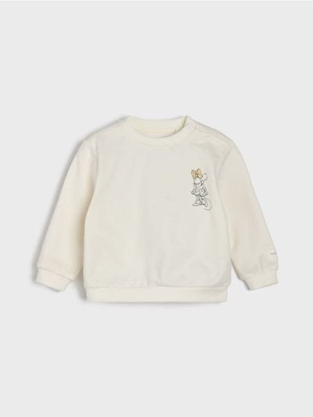 Bawełniana bluza crewneck z nadrukiem Minnie Mouse - kremowy. Białe bluzy sportowe damskie Sinsay, l, bez wzorów, z bawełny, bez ramiączek, bez kaptura. Za 15.99 zł.