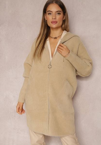 Beżowy Płaszcz Wełniany z Alpaką i Kapturem na Suwak Dinemis. Brązowe płaszcze damskie Renee, z aplikacjami, z wełny, klasyczne. Za 169.99 zł.