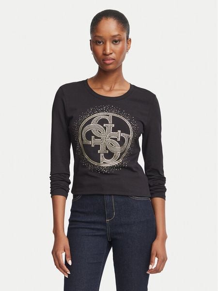 Guess Bluzka W6BI58 K7388 Czarny Slim Fit. Czarne bluzki damskie Guess, xxl, z aplikacjami, z bawełny, bez ramiączek. Za 234.99 zł.