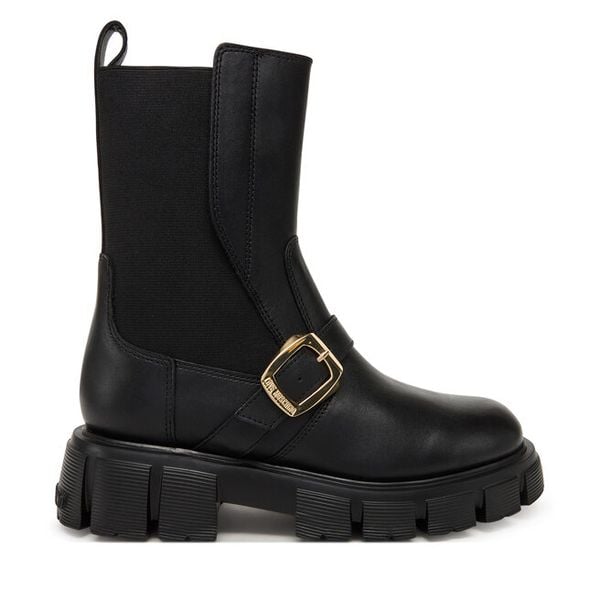 Sztyblety LOVE MOSCHINO. Czarne botki damskie Love Moschino, bez obcasa, na płaskiej podeszwie, bez zapięcia. Za 709.99 zł.