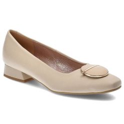 Beżowe Czółenka Espirito Damskie Eleganckie Obuwie. Brązowe czółenka damskie Espirito, z aplikacjami, ze skóry, bez obcasa. Za 409.00 zł.