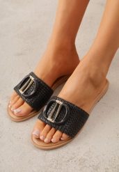 Czarne Plecione Klapki na Płaskiej Podeszwie Zdobione Metaliczną Aplikacją Rhelana. Czarne klapki damskie Renee, z aplikacjami, bez obcasa, na płaskiej podeszwie. Za 79.99 zł.