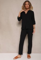 Czarny Muślinowy Komplet z Bawełny Spodnie i Koszula z Regulowanymi Rękawami Janalise. Czarne koszule damskie Renee, bez wzorów, z bawełny, eleganckie. Za 129.99 zł.