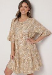 Beżowa Sukienka z Lnem o Rozkloszowanym Kroju z Falbanami i Metalicznym Nafrukiem Rinanis. Brązowe sukienki damskie Born2be, na co dzień, na lato, l, z aplikacjami, eleganckie, bez kołnierzyka, bez ramiączek, rozkloszowane. Za 79.99 zł.