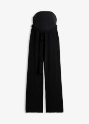 Wygodne spodnie ciążowe z wiskozowej krepy o kroju loose fit. Czarne spodnie materiałowe damskie bonprix, bez wzorów, z tkaniny, moda ciążowa. Za 149.99 zł.