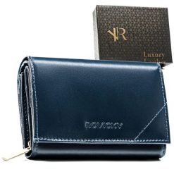 Kompaktowy portfel damski ze skóry naturalnej w granatowym kolorze zamykany zatrzaskiem - Rovicky. Niebieskie portfele damskie bez wzorów, ze skóry. Za 56.00 zł.