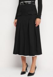 Czarna Plisowana Rozkloszowana Spódnica z Imitacją Kieszeni Paskiem i Gumką w Talii Evisthai. Czarne spódniczki damskie Born2be, l, bez wzorów, eleganckie, midi, dopasowane. Za 99.99 zł.