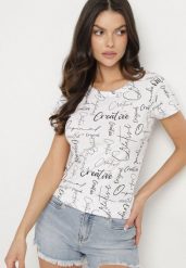 Biały T-shirt z Bawełny Zdobiony Nadrukiem z Napisami Mirindela. Białe t-shirty damskie Born2be, l, z aplikacjami, z bawełny, bez kołnierzyka. Za 29.99 zł.