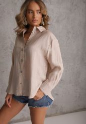 Beżowa Oversizowa Koszula z Wiskozą i Lnem z Guzikami o Różnej Wielkości Drenrya. Brązowe koszule damskie Renee, l, bez wzorów, ze lnu, casualowe, bez kołnierzyka, bez ramiączek. Za 109.99 zł.
