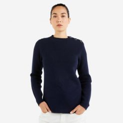 Sweter marynarski damski Tribord. Niebieskie swetry klasyczne damskie Decathlon, l, z bawełny, bez kołnierzyka. Za 99.99 zł.