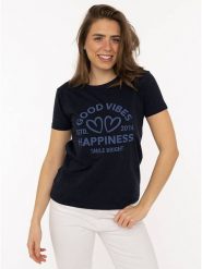 Zwillingsherz Koszulka "Happiness Vibes" w kolorze granatowym rozmiar: XL. Niebieskie bluzki damskie Zwillingsherz, xl, bez wzorów, z bawełny, bez kołnierzyka, bez ramiączek. Za 82.99 zł.