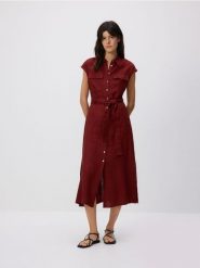Sukienka szmizjerka z lnu - brązowy. Brązowe sukienki damskie Reserved, l, bez wzorów, bez kołnierzyka, bez ramiączek, szmizjerki. Za 229.99 zł.