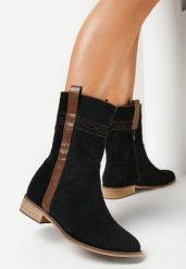 Czarne Botki w Stylu Boho z Ozdobnym Paskiem i Haftem Olivas. Czarne botki damskie Born2be, na jesień, boho, bez obcasa, na płaskiej podeszwie, bez zapięcia. Za 109.99 zł.