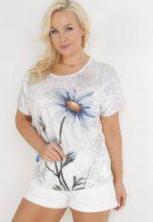 Biała Bluzka Oversize z Metalicznym Nadrukiem w Kwiaty z Cyrkoniami Deqsa. Białe bluzki damskie Born2be, m, bez wzorów, bez kołnierzyka, bez ramiączek. Za 39.99 zł.