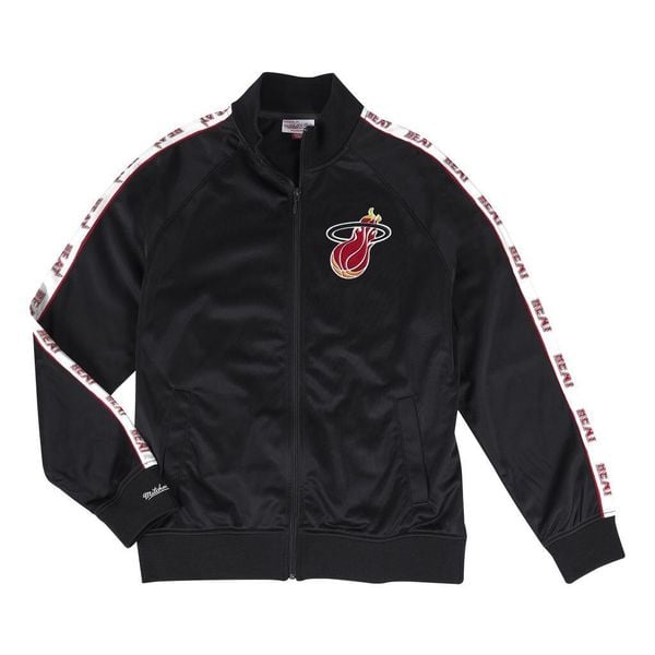 Kurtka z dresu Miami Heat San Antonio. Czarne kurtki męskie Mitchell & Ness, bez wzorów, z dresówki, sportowe, bez kaptura. Za 415.00 zł.
