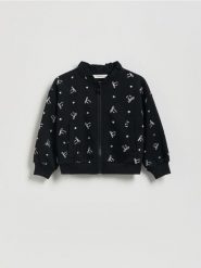 Bluza bomber z aplikacją - czarny. Czarne bluzy i bluzki niemowlęce Reserved, z aplikacjami, z bawełny, bez ramiączek, bez kaptura. Za 59.99 zł.