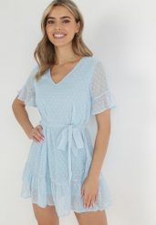 Niebieska Sukienka Acalopei. Niebieskie sukienki damskie Born2be, na imprezę, l, bez wzorów, z materiału, bez kołnierzyka, bez ramiączek, mini, dopasowane. Za 109.99 zł.