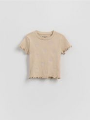 Prążkowany t-shirt z haftem - beżowy. Brązowe koszulki dziewczęce Reserved, m, bez wzorów, z bawełny, bez ramiączek. Za 27.99 zł.