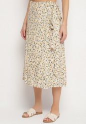 Beżowa Spódnica Wiązana w Pasie w Kwiatowy Print Ellivella. Brązowe spódniczki damskie Born2be, bez wzorów, biznesowe, midi, koszulowe. Za 34.99 zł.