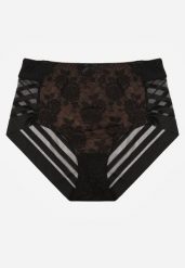 Czarno-Beżowe Majtki Figi z Wysokim Stanem Zdobione Koronką i Siateczką Helieth. Czarne figi damskie Born2be, xl, z aplikacjami, z koronki. Za 19.99 zł.