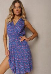 Granatowa Kopertowa Sukienka z Wiskozy w Kwiaty Wykończona Gumką w Talii Innavia. Niebieskie sukienki damskie Renee, na co dzień, na lato, m, bez wzorów, z wiskozy, bez kołnierzyka, bez ramiączek, midi, kopertowe. W wyprzedaży za 41.99 zł.