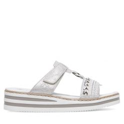 Klapki Rieker. Szare klapki damskie Rieker, bez wzorów, bez obcasa. Za 299.99 zł.