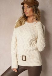Beżowy Sweter w Delikatny Splot z Ozdobną Klamrą i Paskiem na Dole Rievea. Brązowe swetry klasyczne damskie Renee, m, z jeansu, bez kołnierzyka. Za 84.99 zł.
