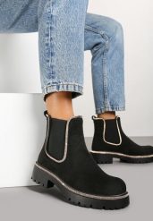 Czarne Botki na Platformie w Stylu Sztybletów Ozdobione Cyrkoniami Asintelia. Czarne botki damskie Renee, z jeansu, eleganckie, bez obcasa, na platformie, bez zapięcia. Za 134.99 zł.